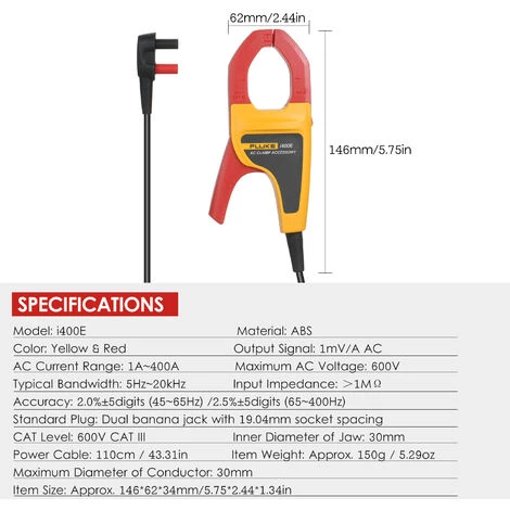 FLUKE I400E Wechselstrom-Zangenmesser Mit Zwei Bananenbuchsen 1A ~ 400A Wechselstrombereich 5Hz ~ 20kHz Bandbreite,Orange 4 FLUKE I400E Wechselstrom-Zangenmesser Mit Zwei Bananenbuchsen 1A ~ 400A Wechselstrombereich 5Hz ~ 20kHz Bandbreite,Orange – Bild 4